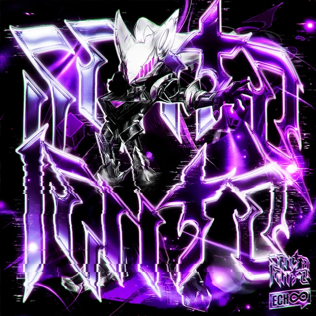 Purple metallic lettering and a silver armored character