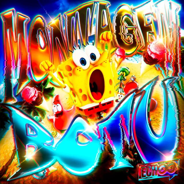 Bright yellow and cyan cartoon beach artwork