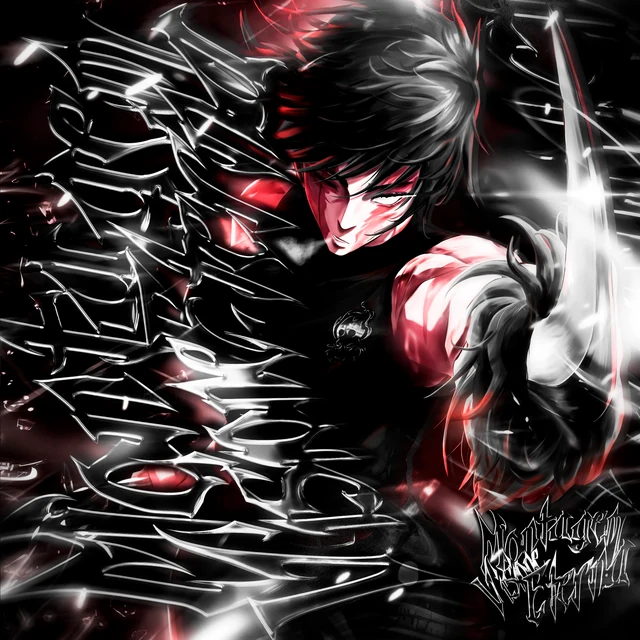 Black and silver anime artwork with red accents