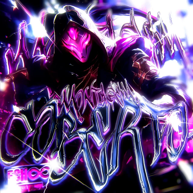 Purple chrome lettering and a hooded character