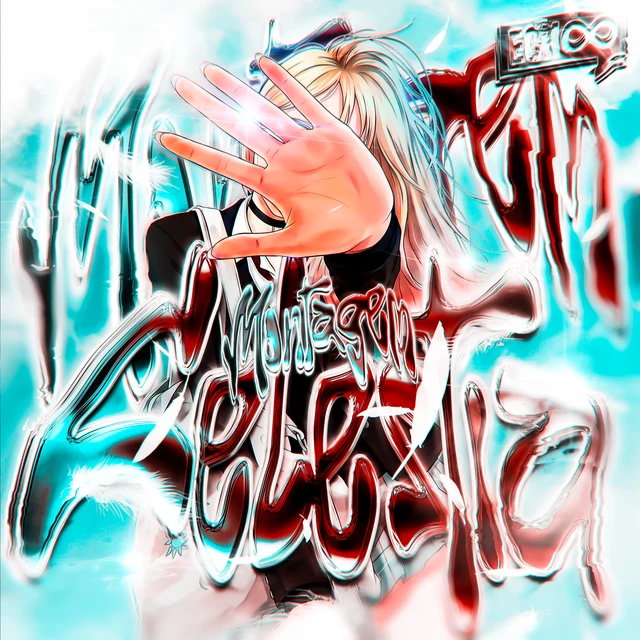 Cyan and red artwork with a character reaching forward